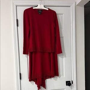 Lemmie For Nina Leonard Womens Red 2-Piece Knit Top Skirt Fringe Size Small
